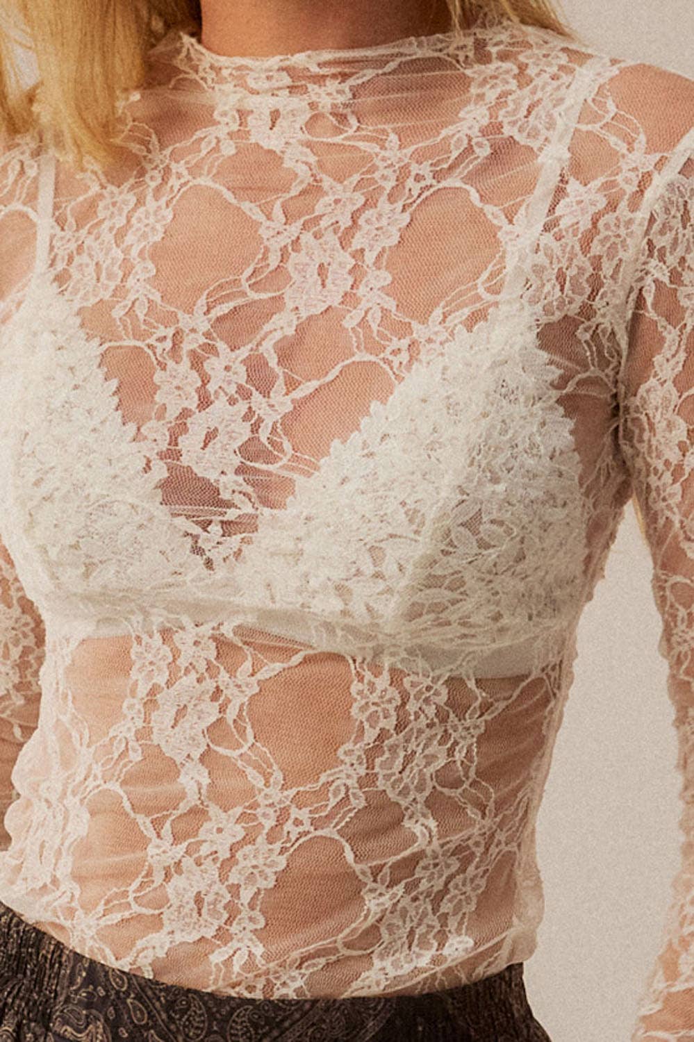 Sheer Floral Lace Mock-Neck Long-Sleeve Thumbhole Top