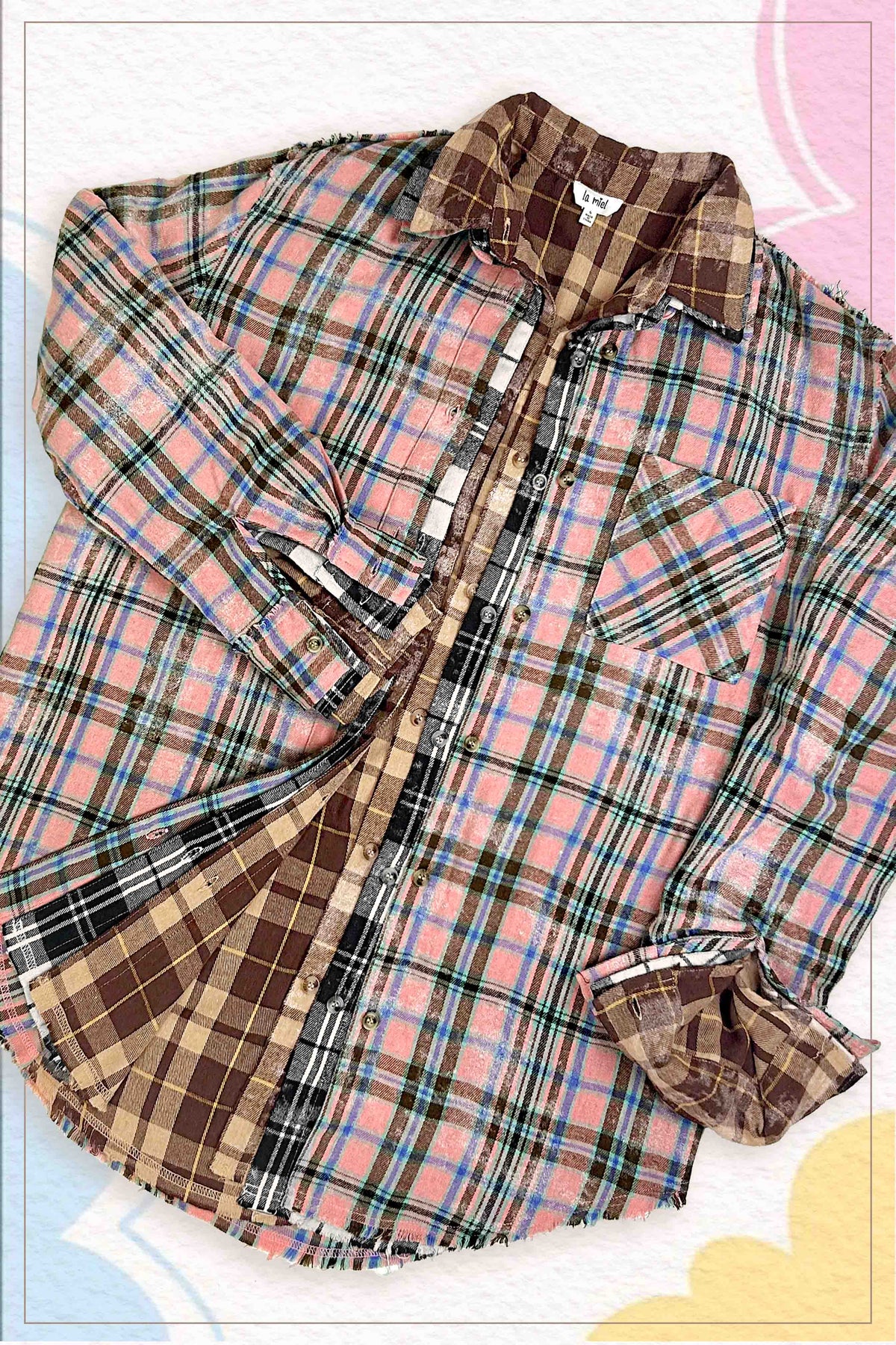 Plaid Acid Washed Cut Edge Button Down Shirt Fall