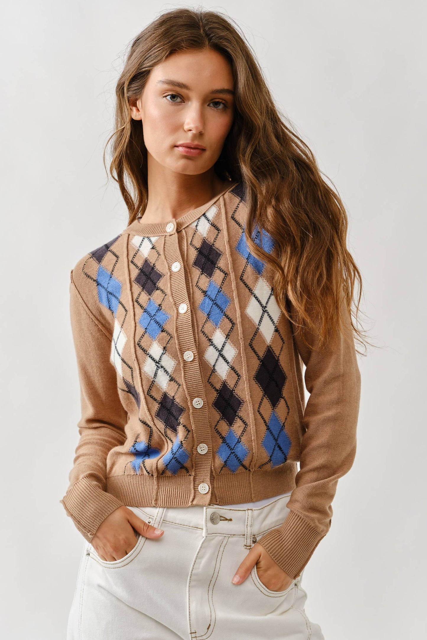 AJT5092 RELAXED FIT ARGYLE SWEATER CARDIGAN