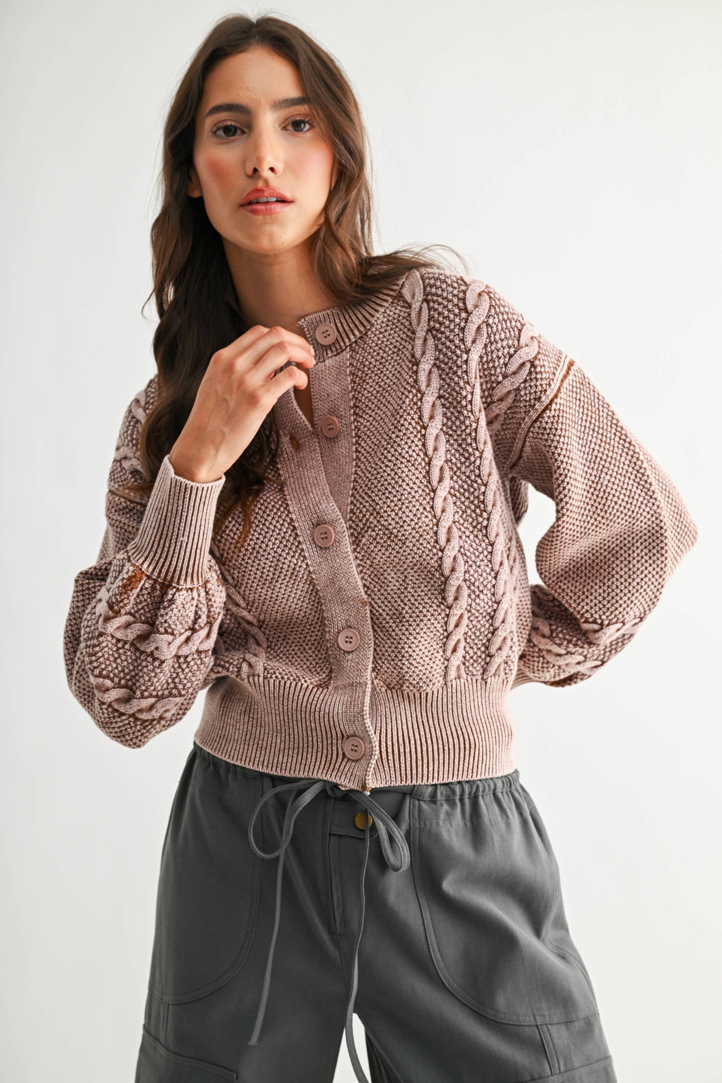 WASHED BLENDED BROWN CABLE KNIT CARDIGAN