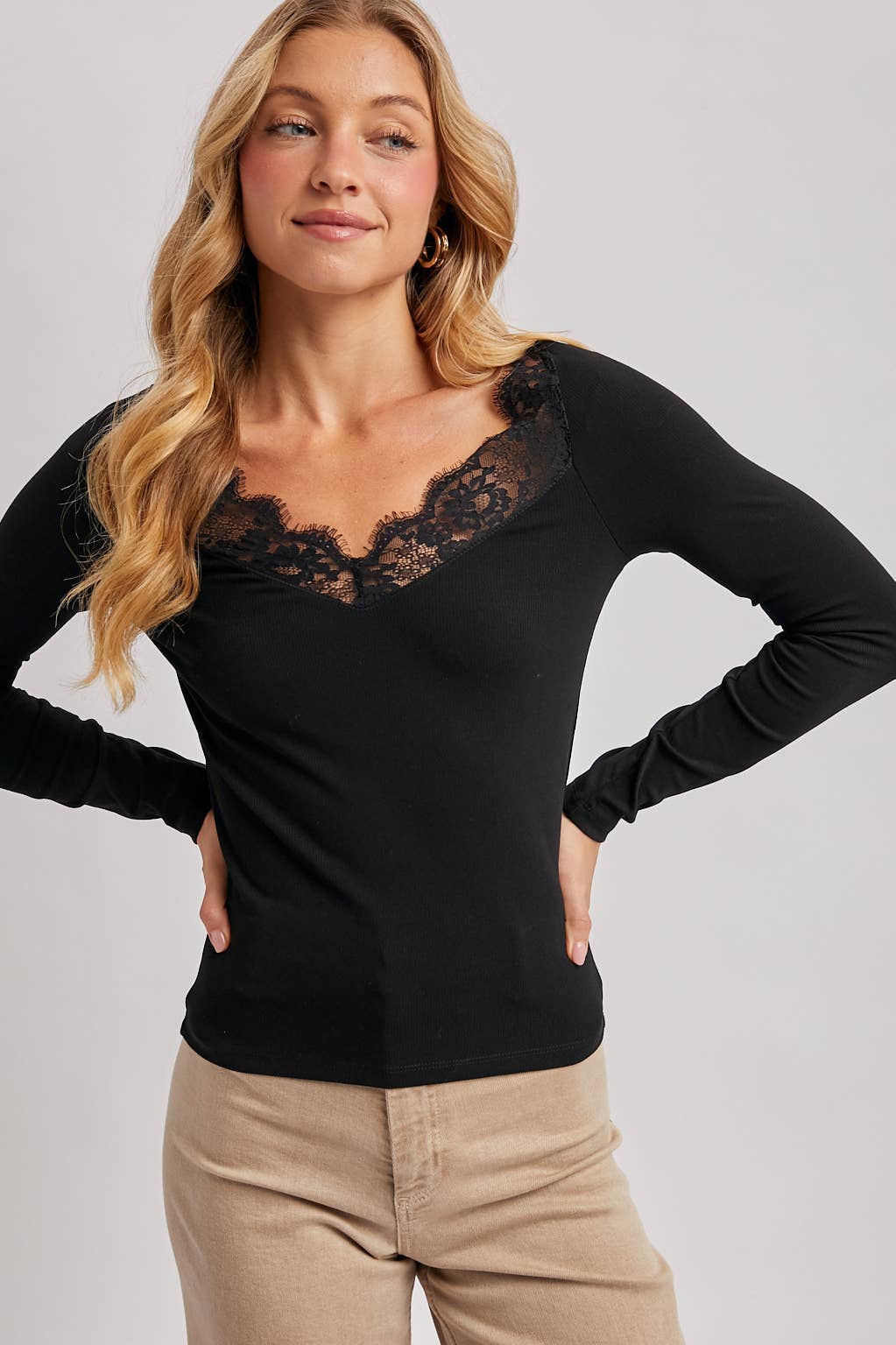 V-NECK LACE TRIM RIBBED KNIT LONG SLEEVE TOP