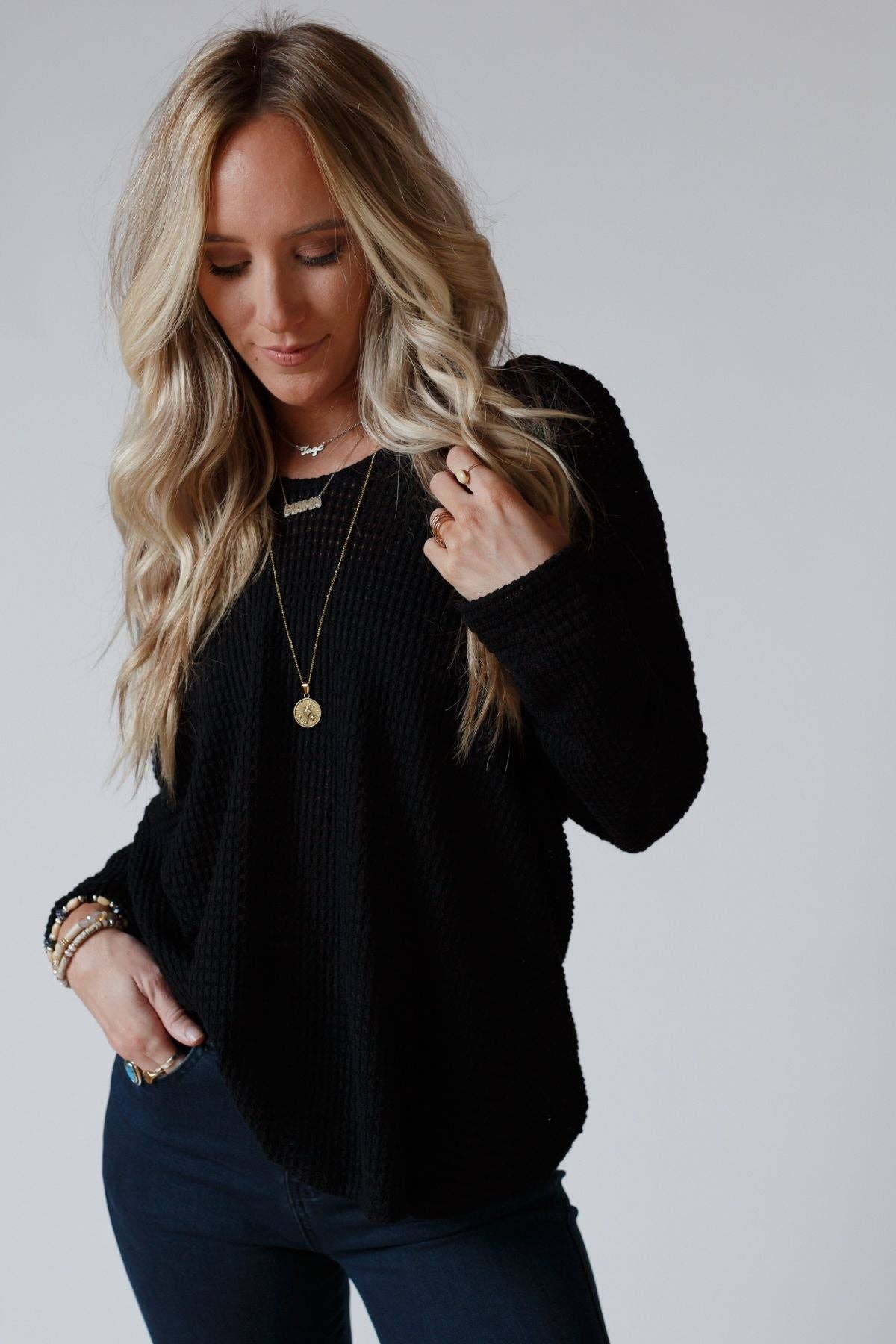 Flattering Open Back Thermal Knit Top - Black
