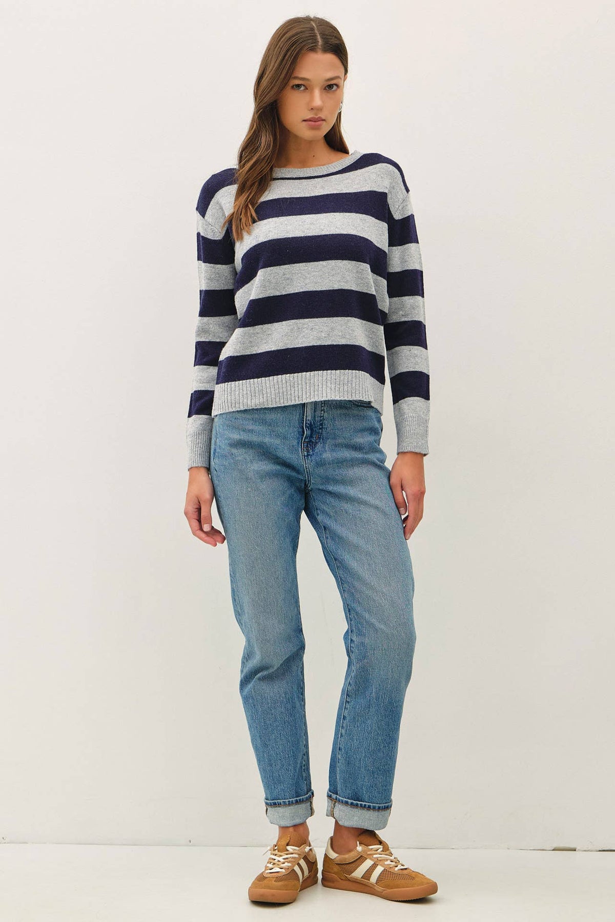 ANGORA BLEND RELAXED FIT WIDE STRIPED SWEATER