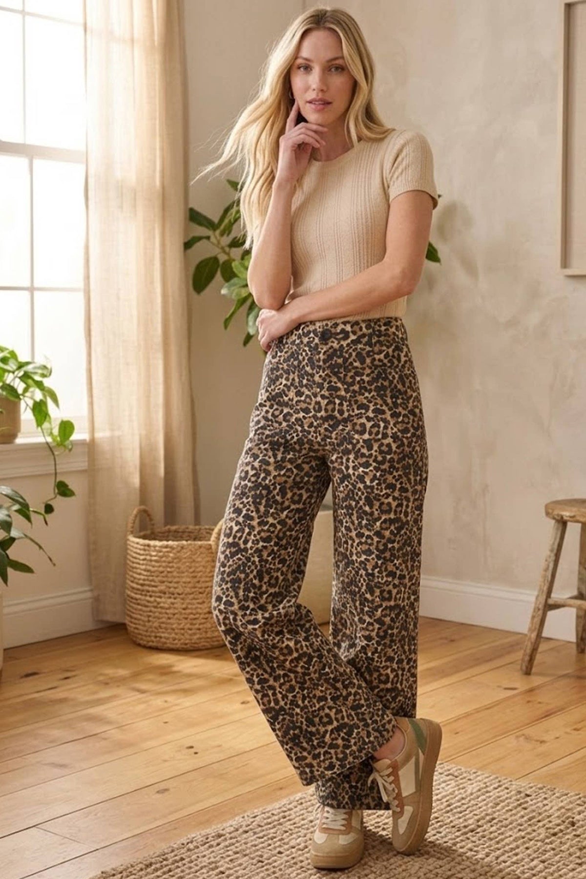 Stretch Twill Leopard Wide Leg Pants