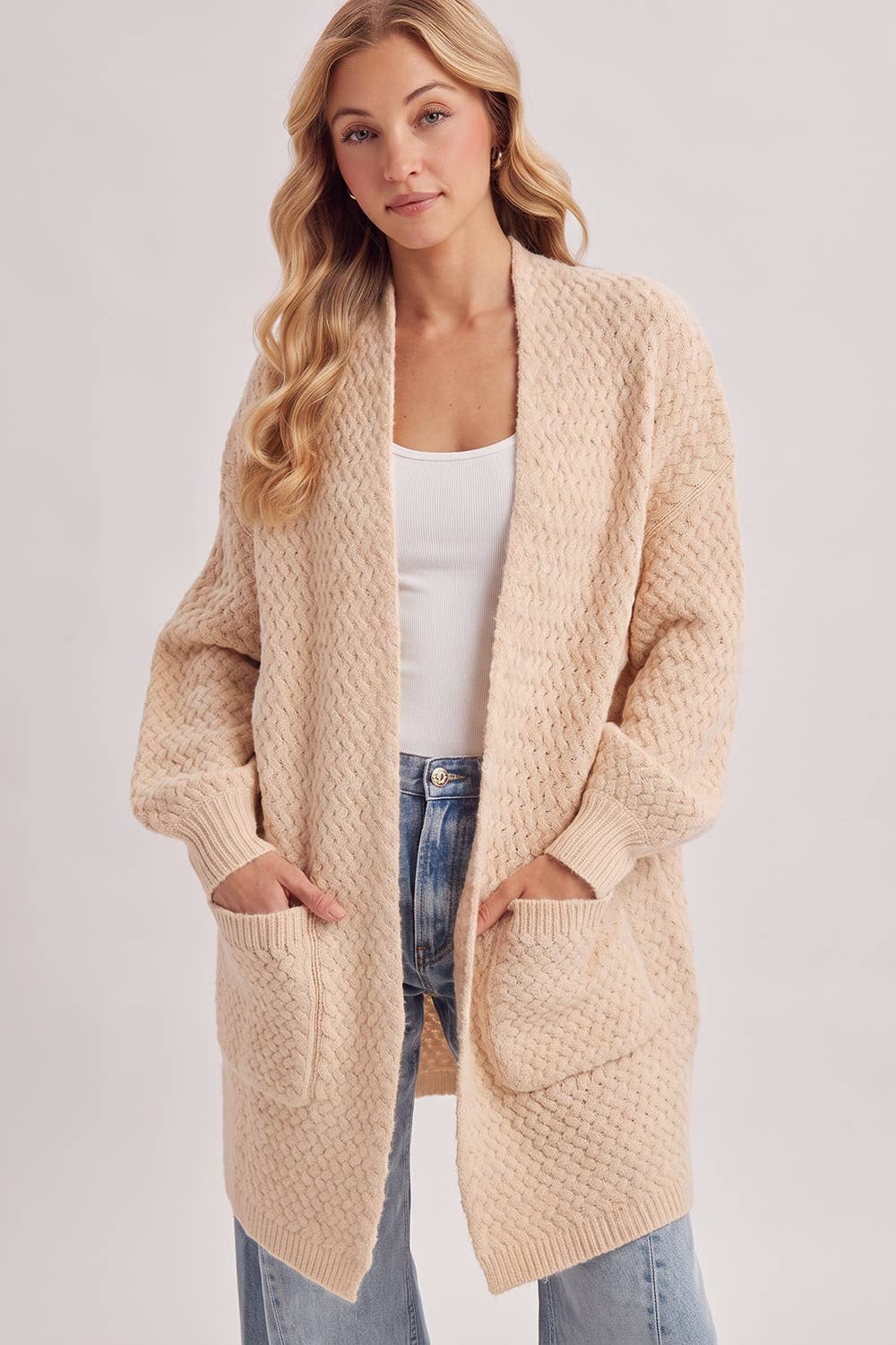 BASKET WEAVE LONGLINE CARDIGAN