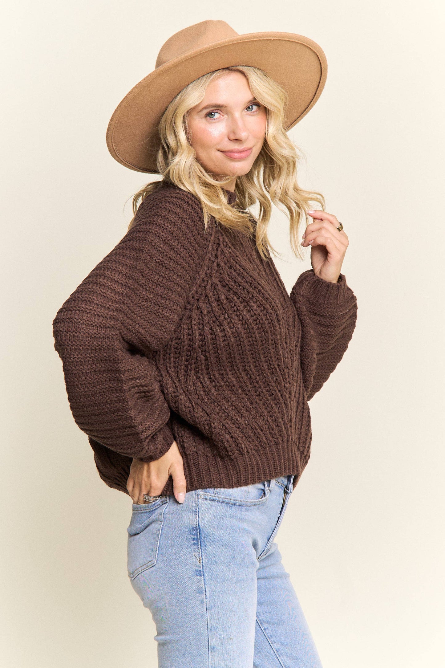CABLE KNIT MOCK NECK SWEATER Brown