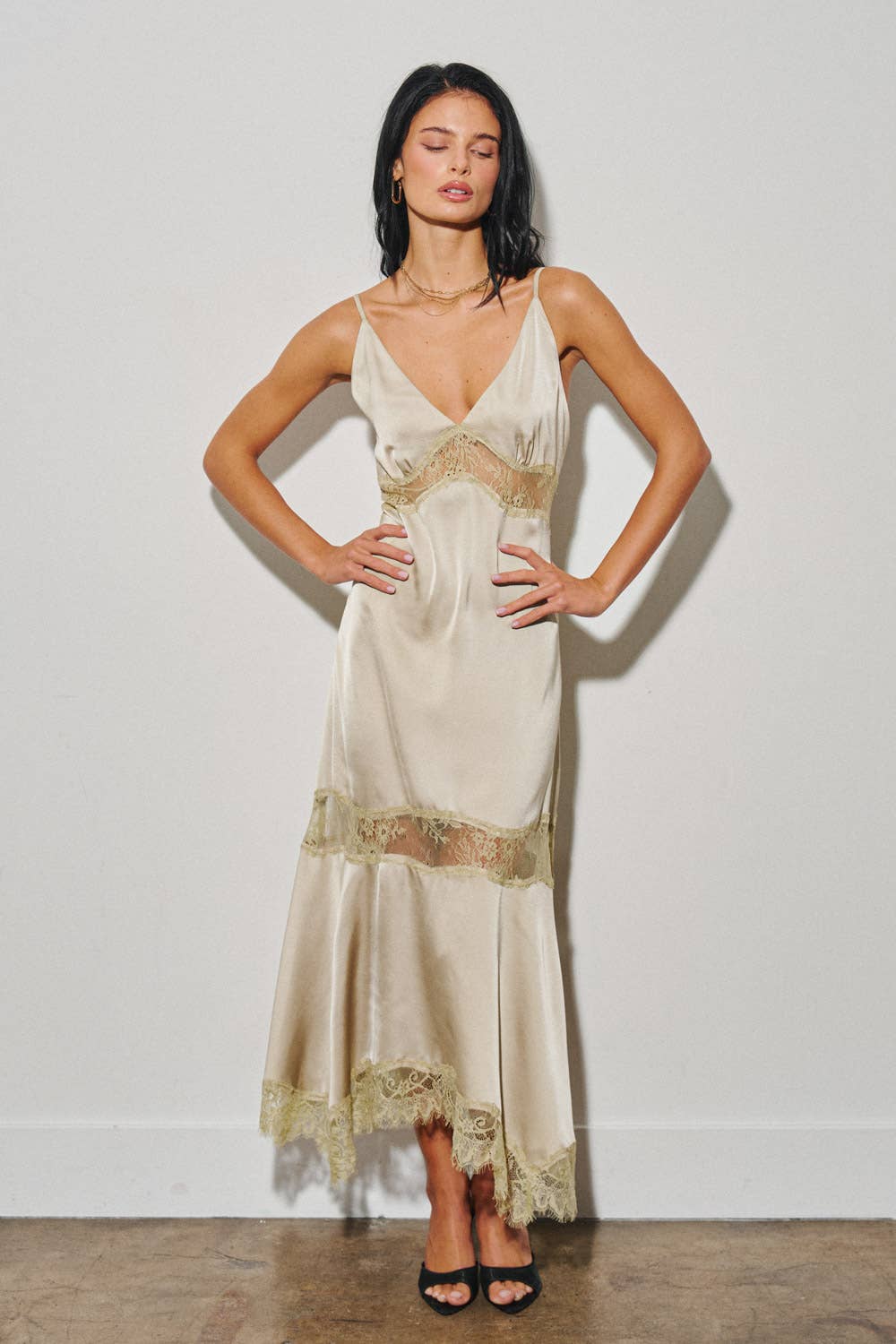 LADIES WOVEN SATIN LACE TRIM MAXI DRESS