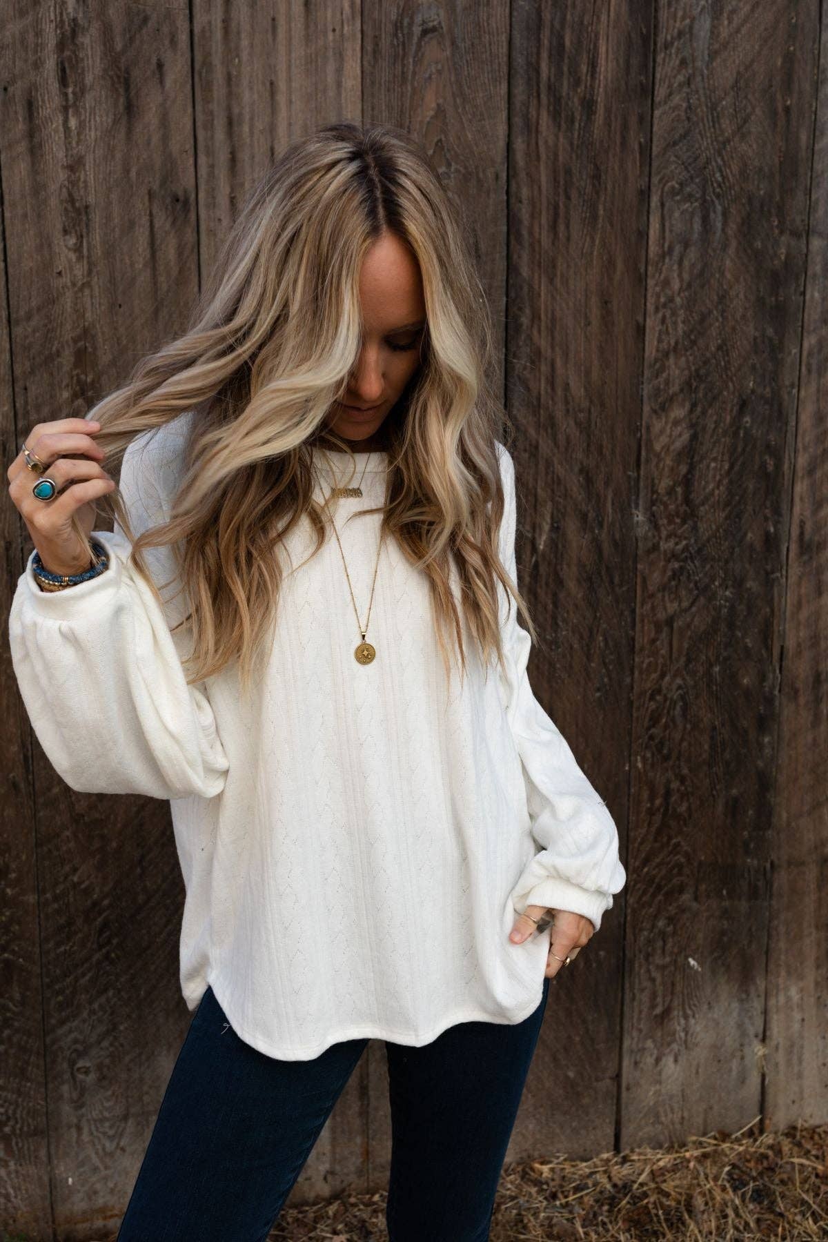 Sweet Heart Balloon Sleeve Knit Sweater - Cream