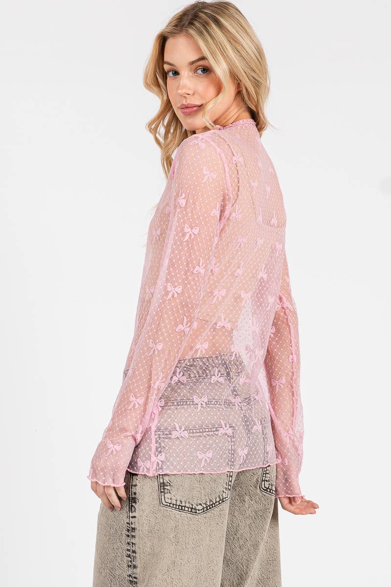 BOW PRINT LONG SLEEVE LACE TOP