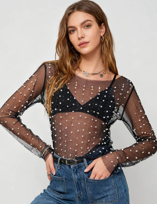 Pearl Rhinestone Studded See Through Mesh Crop Top SKT1976