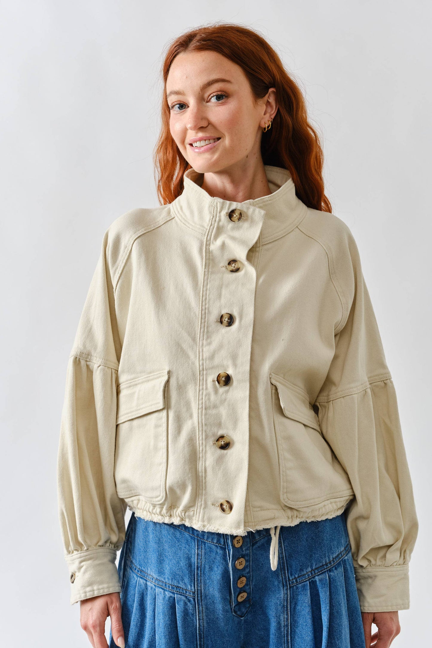 BALLON SLEEVE TWILL JACKET DRAWSTING WAIST