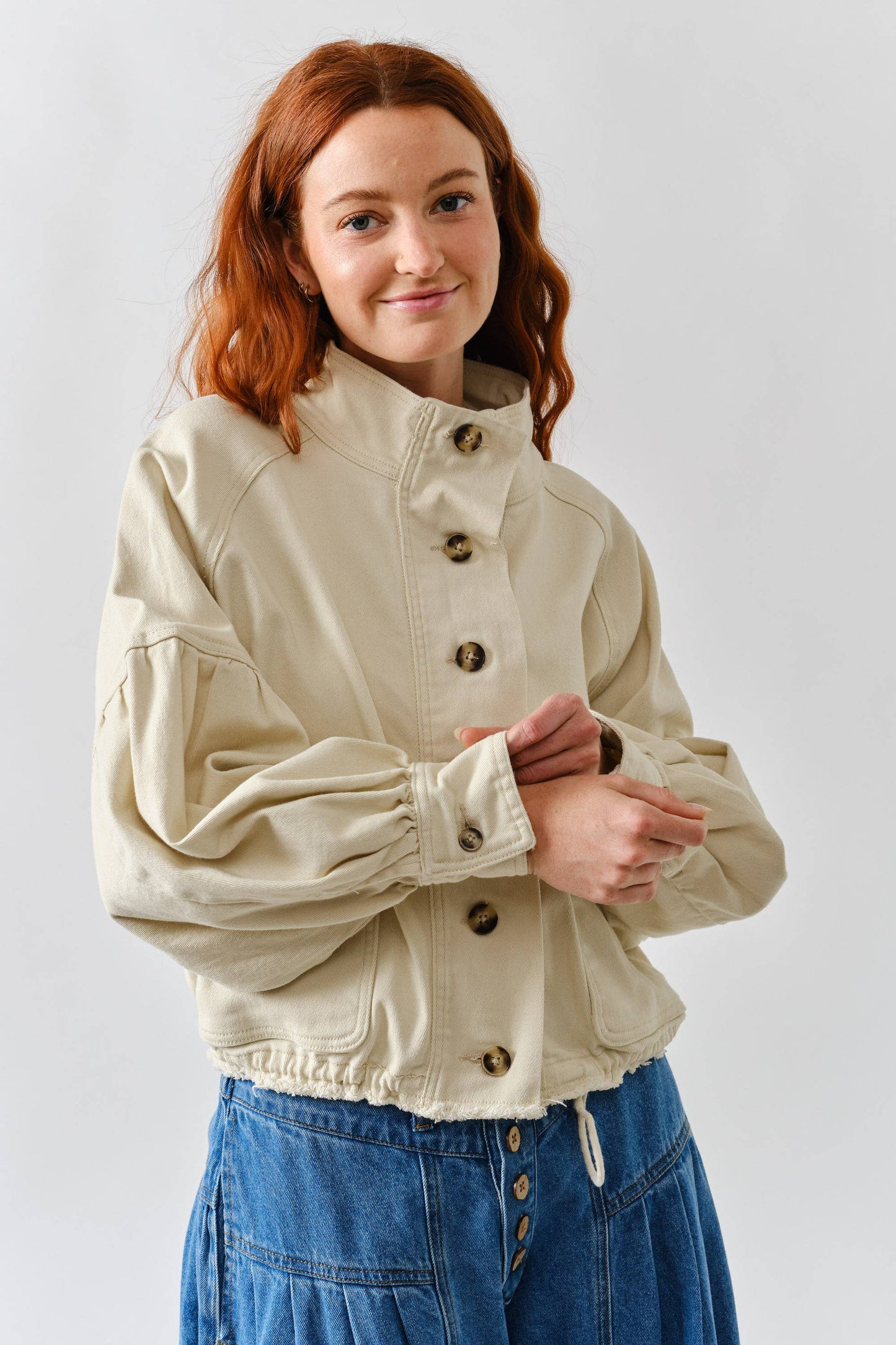 BALLON SLEEVE TWILL JACKET DRAWSTING WAIST