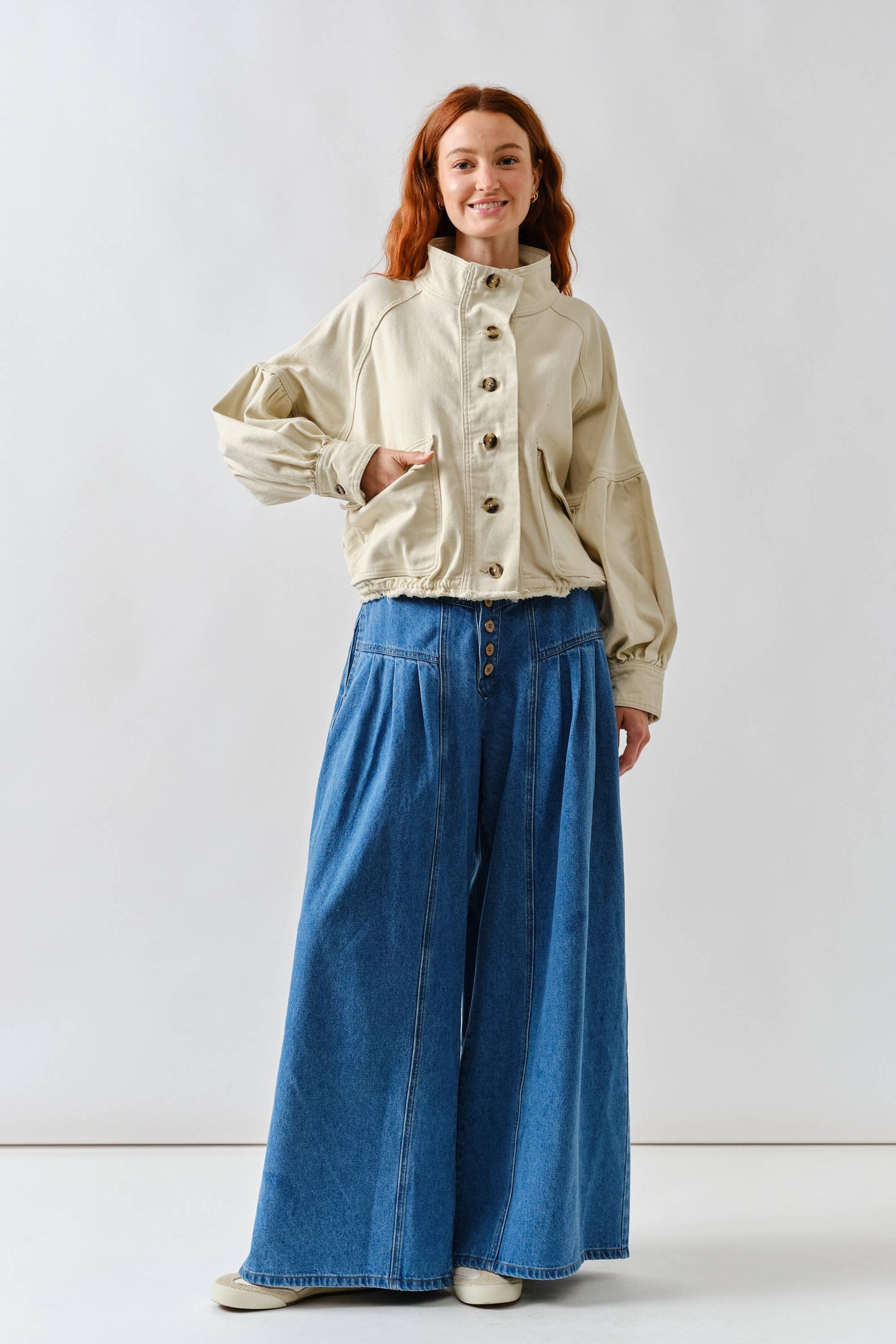 BALLON SLEEVE TWILL JACKET DRAWSTING WAIST