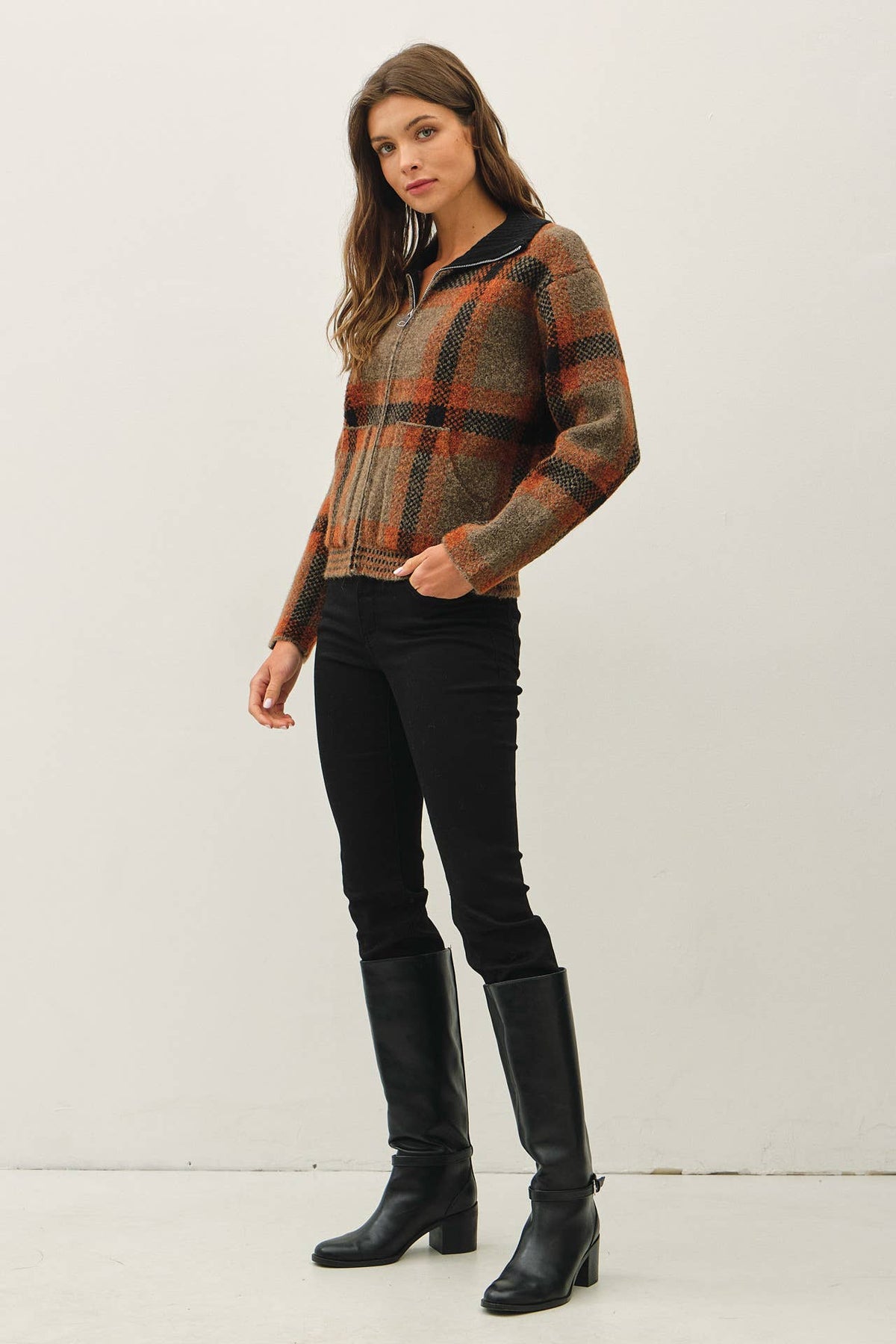 PLAID ZIP UP SWEATER JACKET