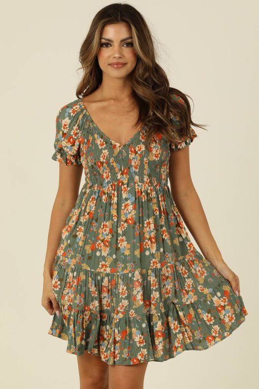 V NECK SMOCKED BODICE SHORT SLEEVE DRESS