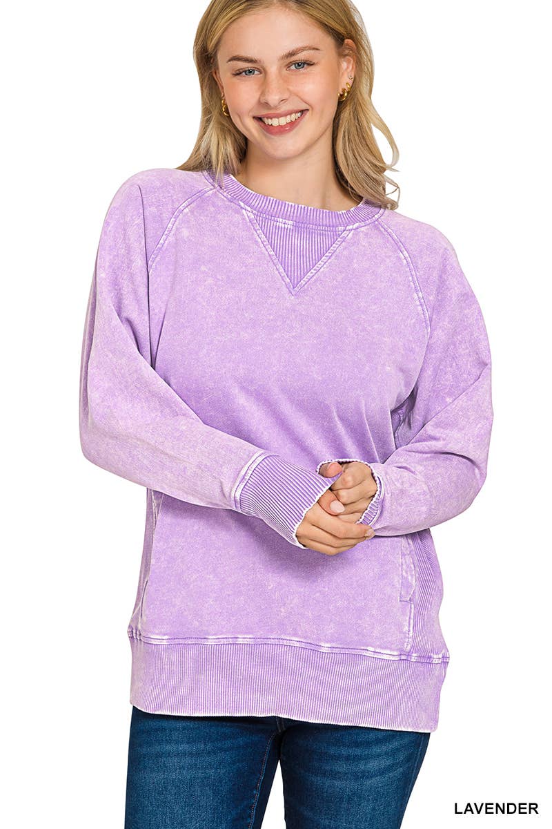 Acid Wash French Terry Pullover w// Pockets - Zenana