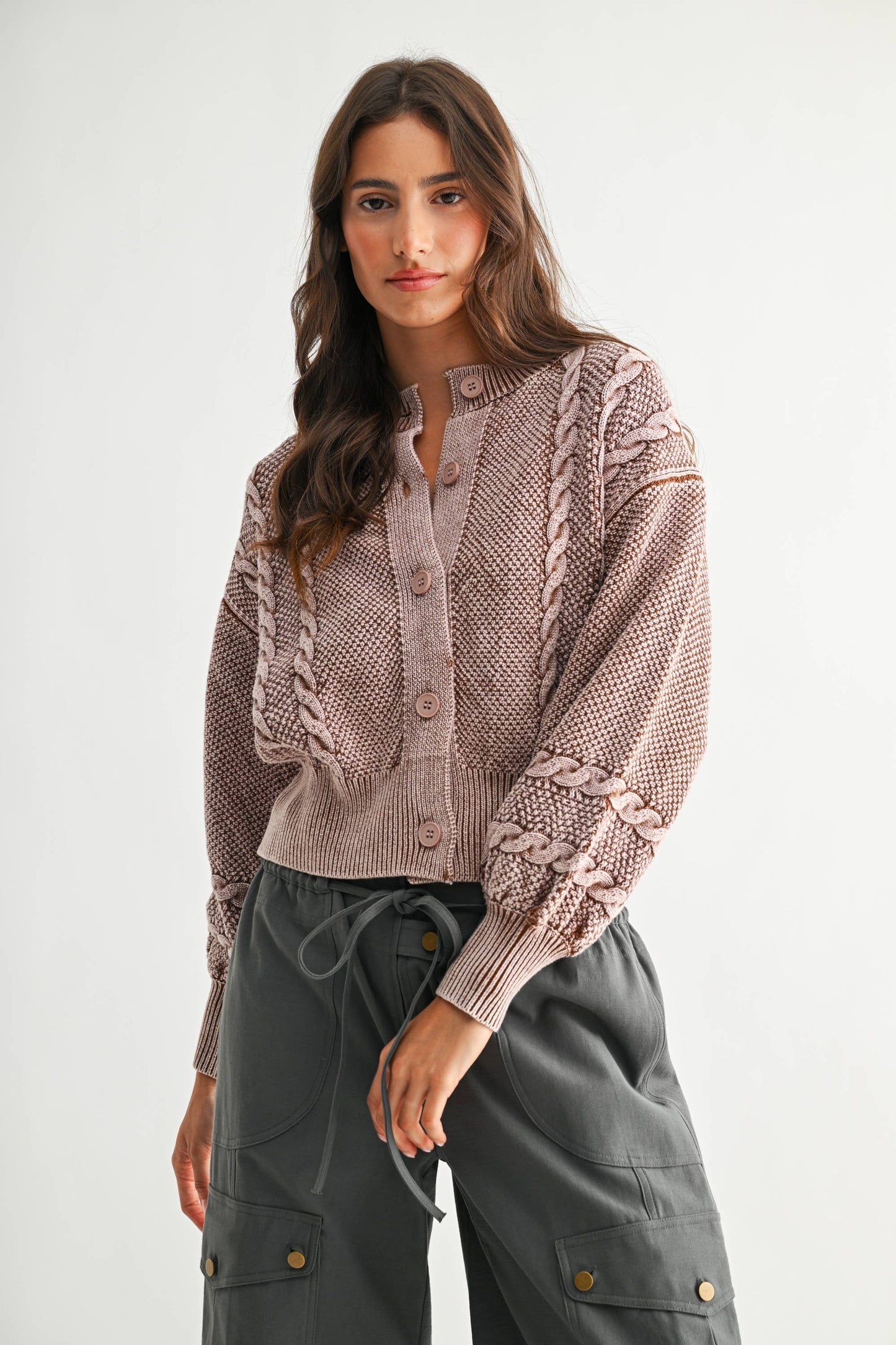 WASHED BLENDED BROWN CABLE KNIT CARDIGAN