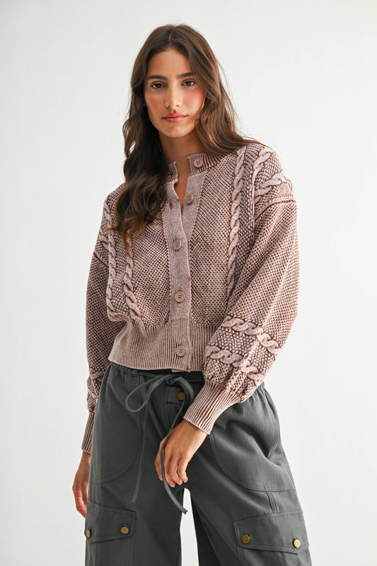 WASHED BLENDED BROWN CABLE KNIT CARDIGAN