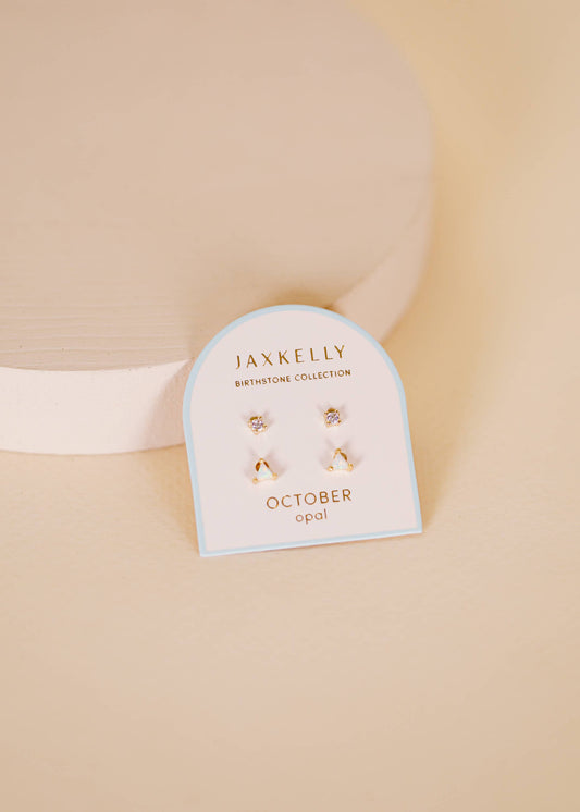 Birthstone Stud Gold Earrings Set - October