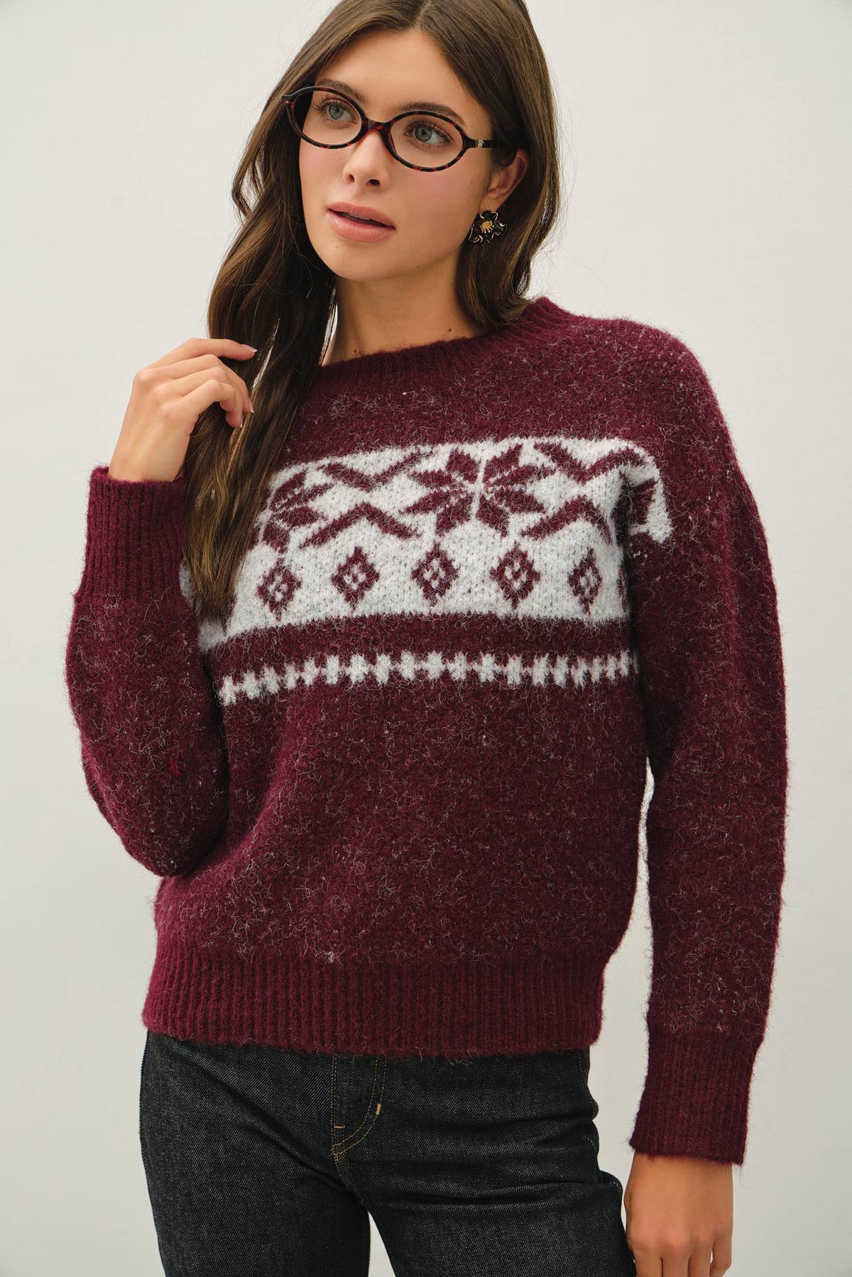 FLORAL FAIR ISLE CREW NECK SWEATER