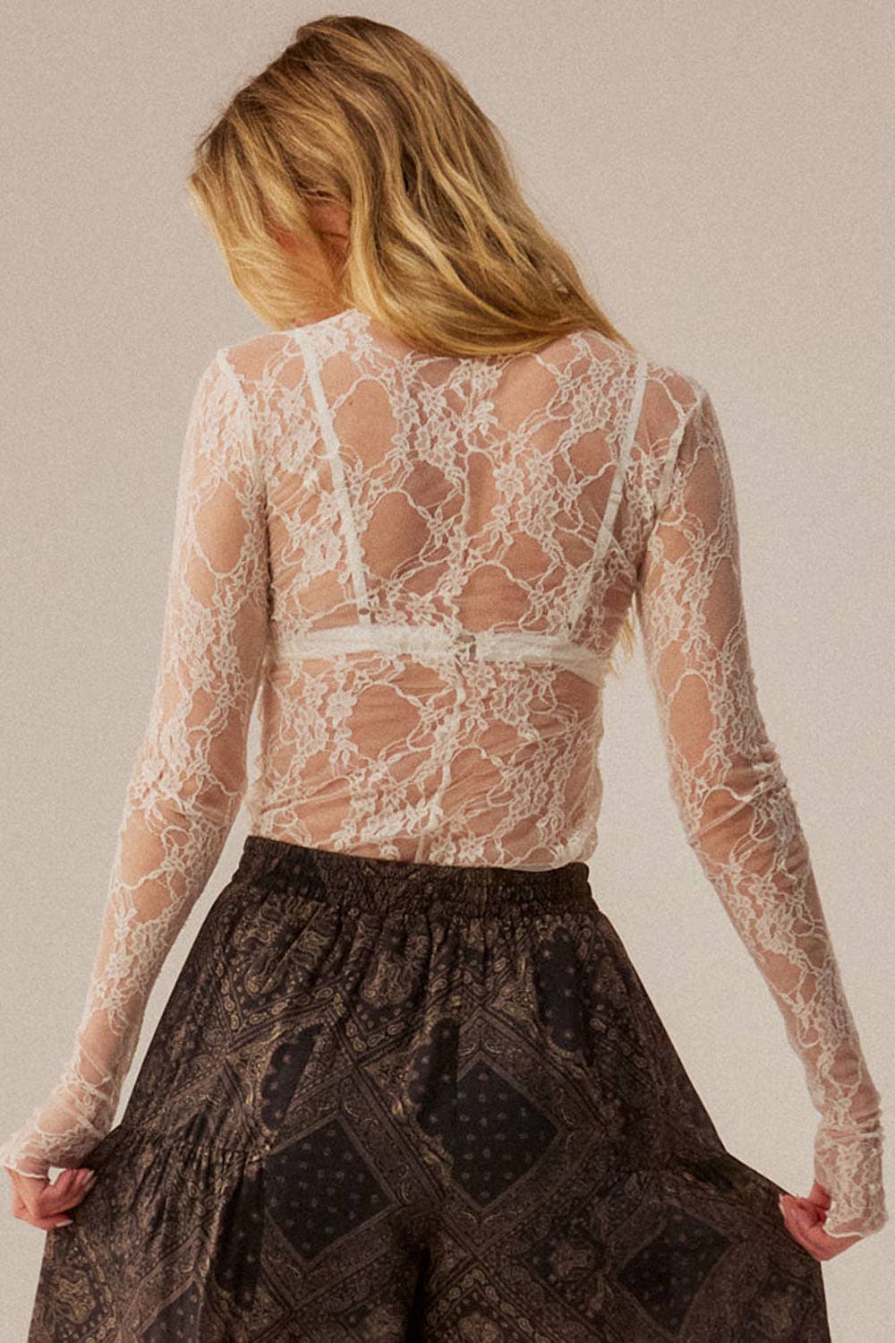 Sheer Floral Lace Mock-Neck Long-Sleeve Thumbhole Top