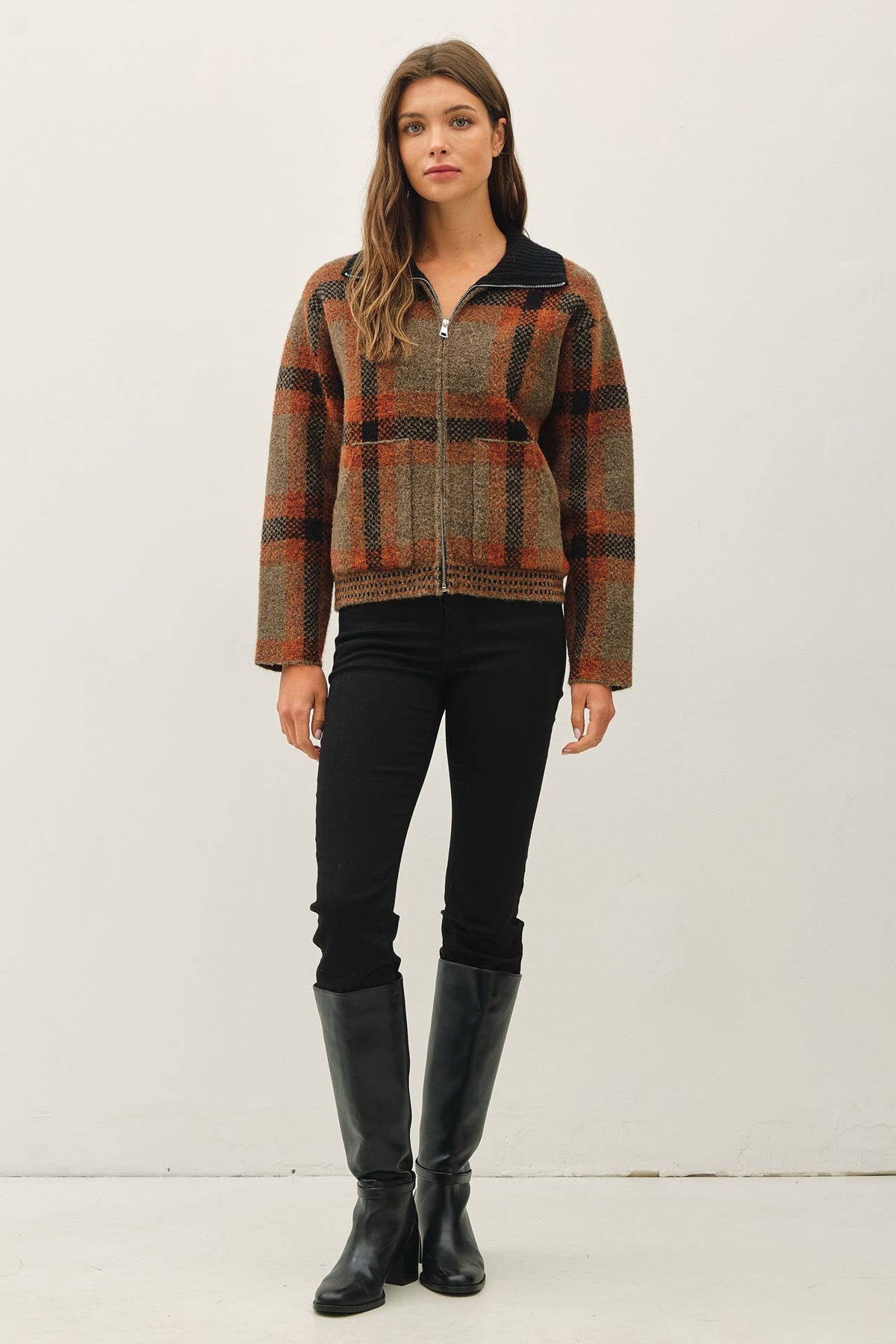 PLAID ZIP UP SWEATER JACKET