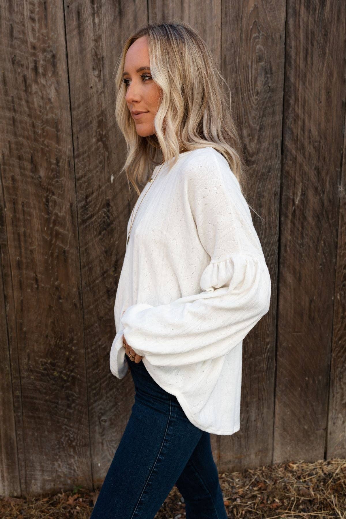 Sweet Heart Balloon Sleeve Knit Sweater - Cream