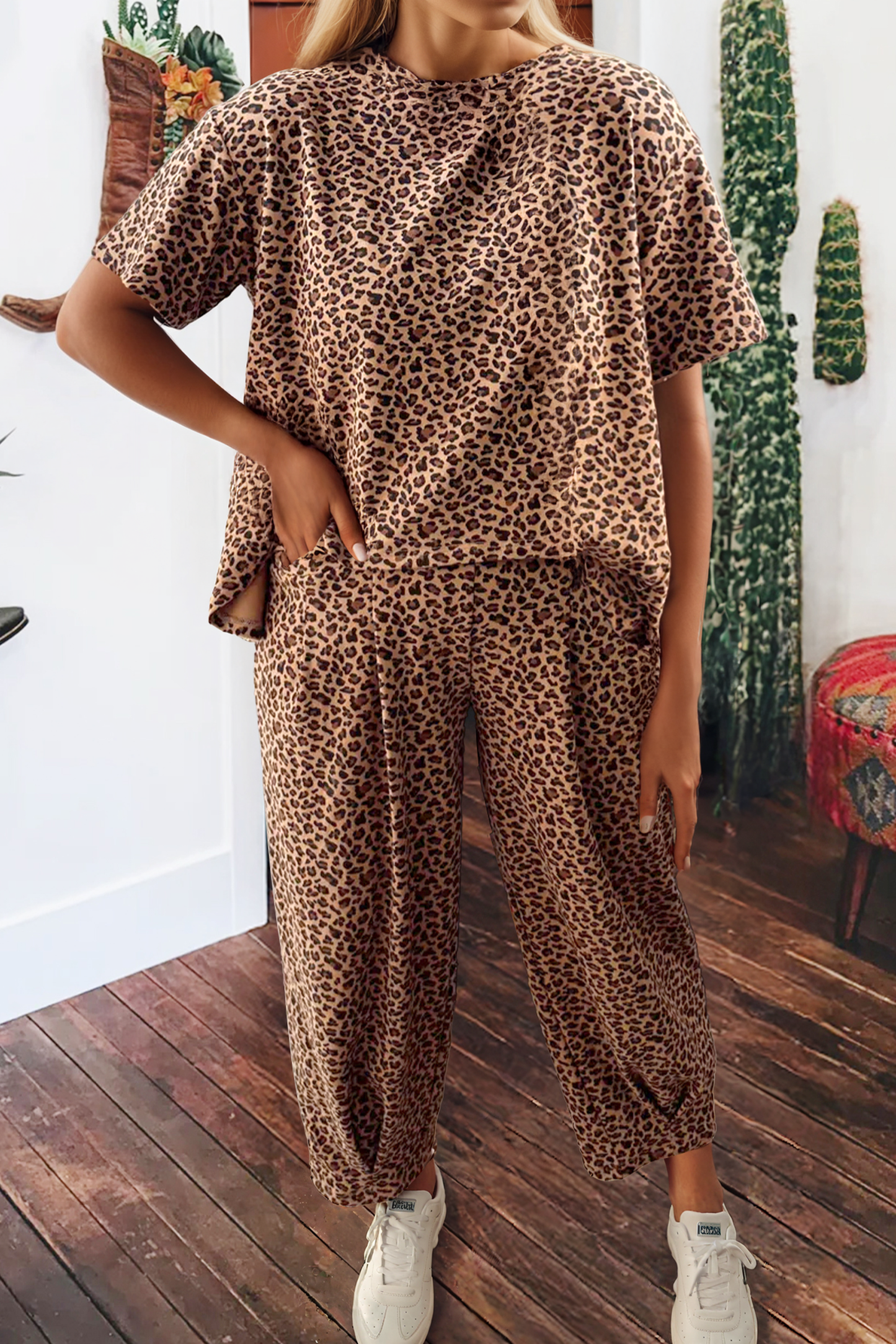 Leopard Raw Seam Patched Pullover Drawstring Loose Pant Set