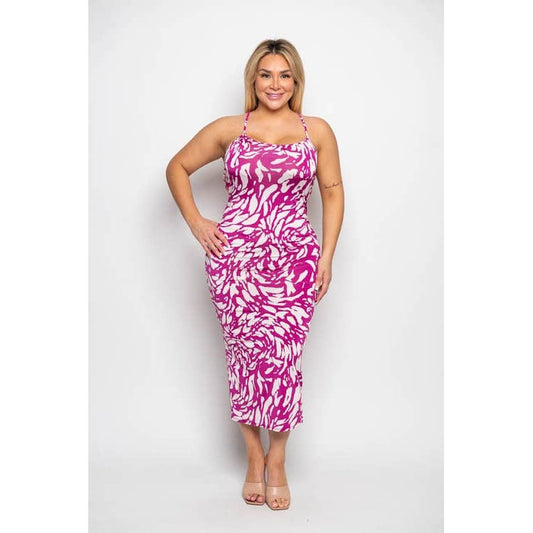 CURVY ABSTRACT PRINT CRISS CROSS BACK STRAP MIDI DRESS