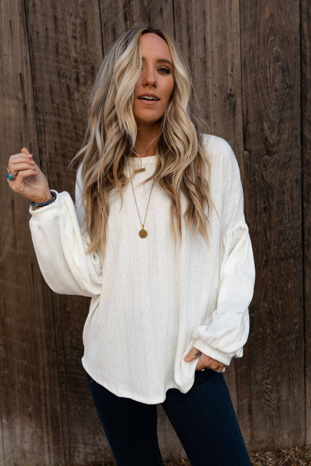 Sweet Heart Balloon Sleeve Knit Sweater - Cream