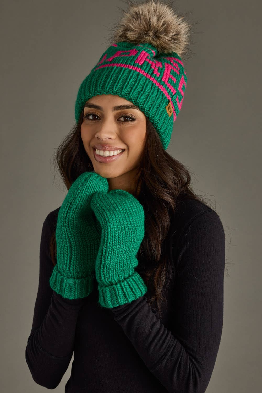 Green & Pink Apres Pom Hat