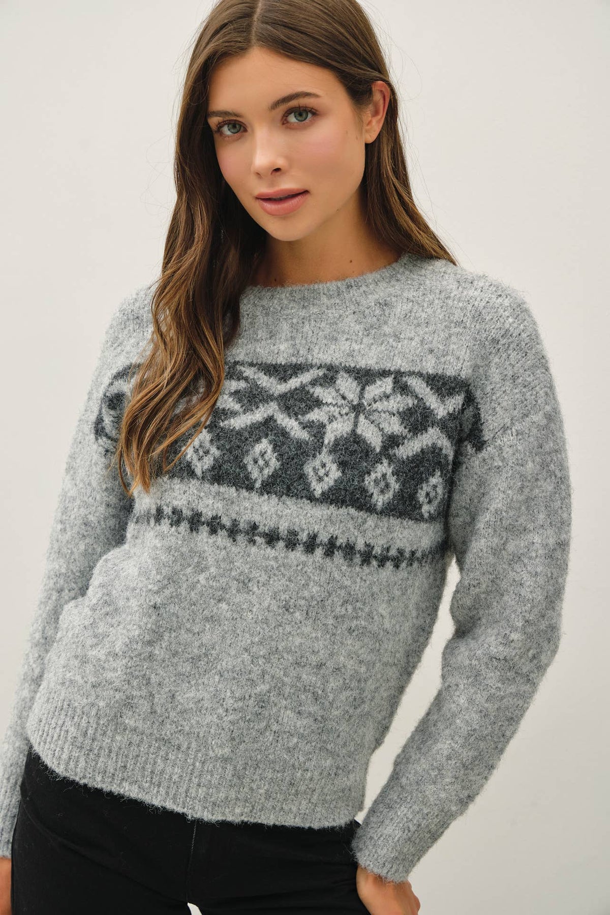 FLORAL FAIR ISLE CREW NECK SWEATER