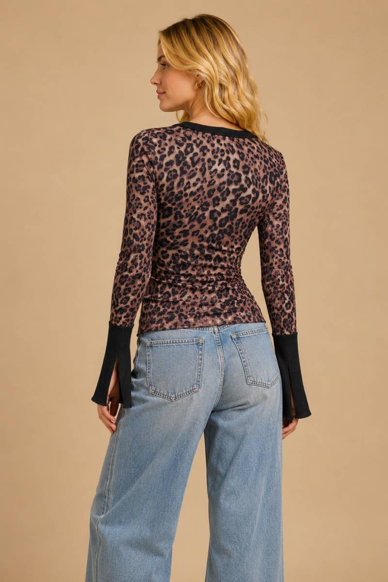 Multi Print Long Sleeve Mesh Henley Top
