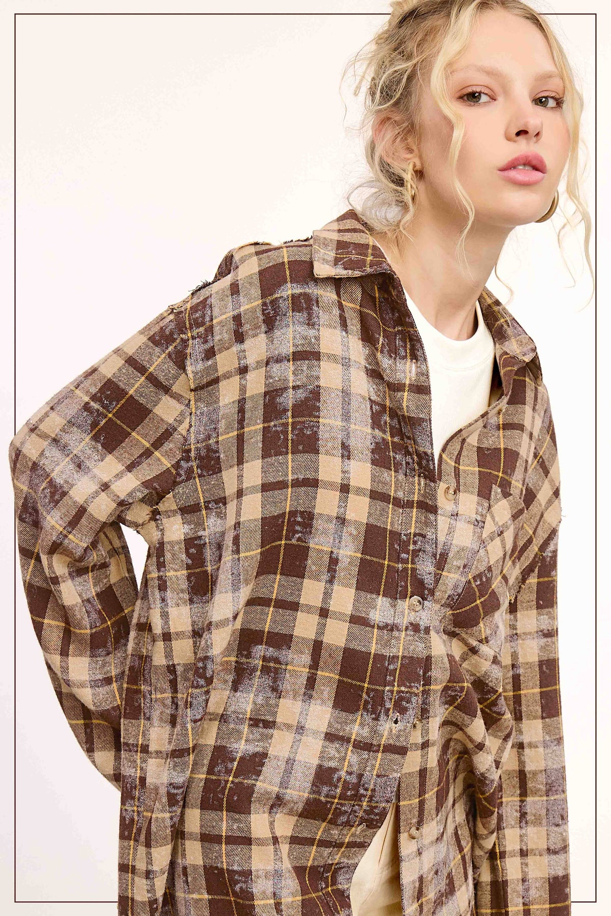 Plaid Acid Washed Cut Edge Button Down Shirt Fall
