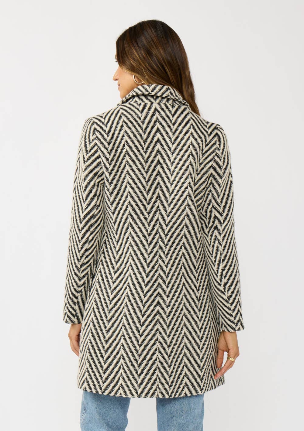 Chevron Notched Lapel Long Sleeve Coat