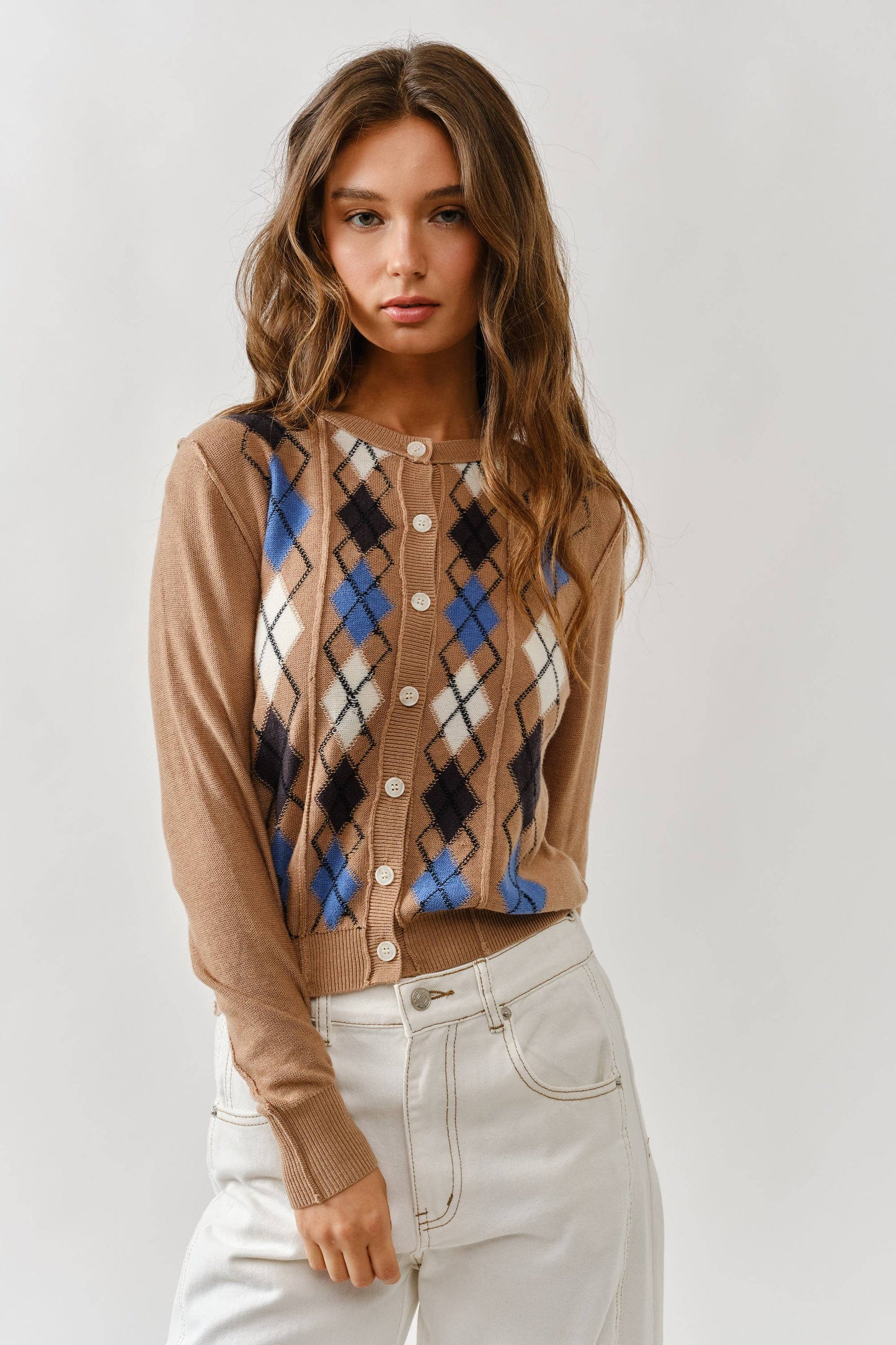 AJT5092 RELAXED FIT ARGYLE SWEATER CARDIGAN