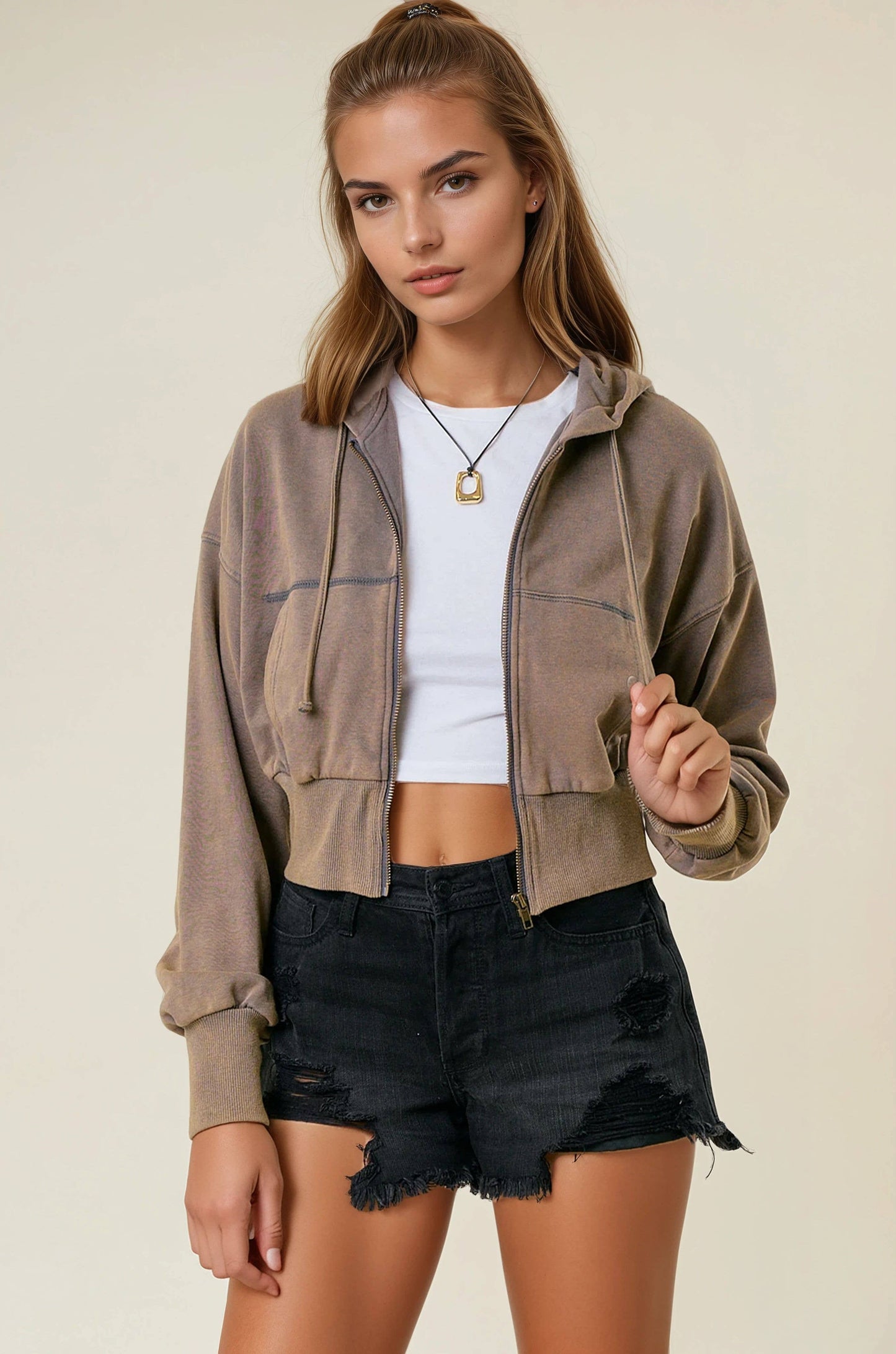 Vintage Washed Zip-Up Hoodie With Front Pockets - 10610J