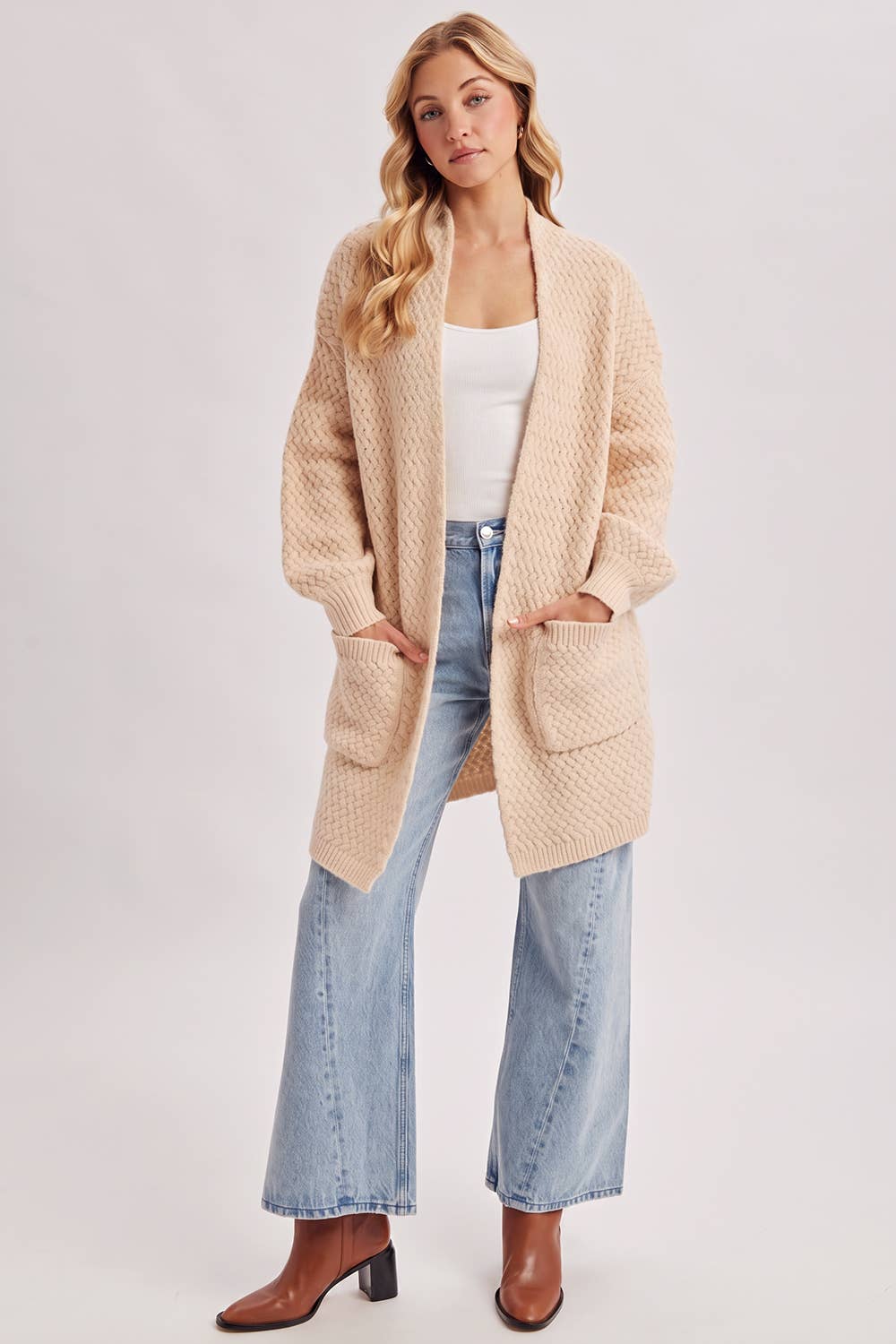 BASKET WEAVE LONGLINE CARDIGAN