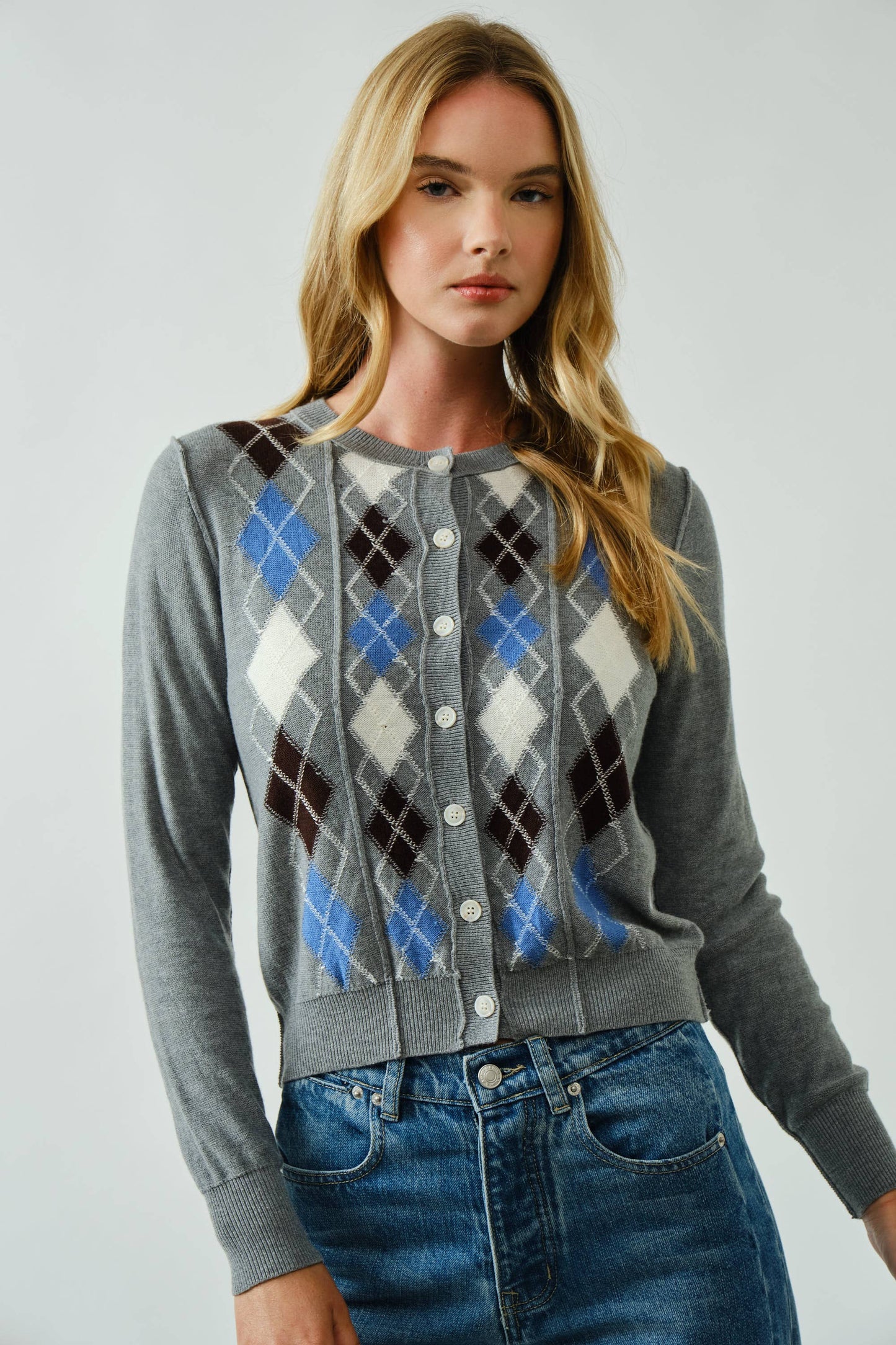 AJT5092 RELAXED FIT ARGYLE SWEATER CARDIGAN