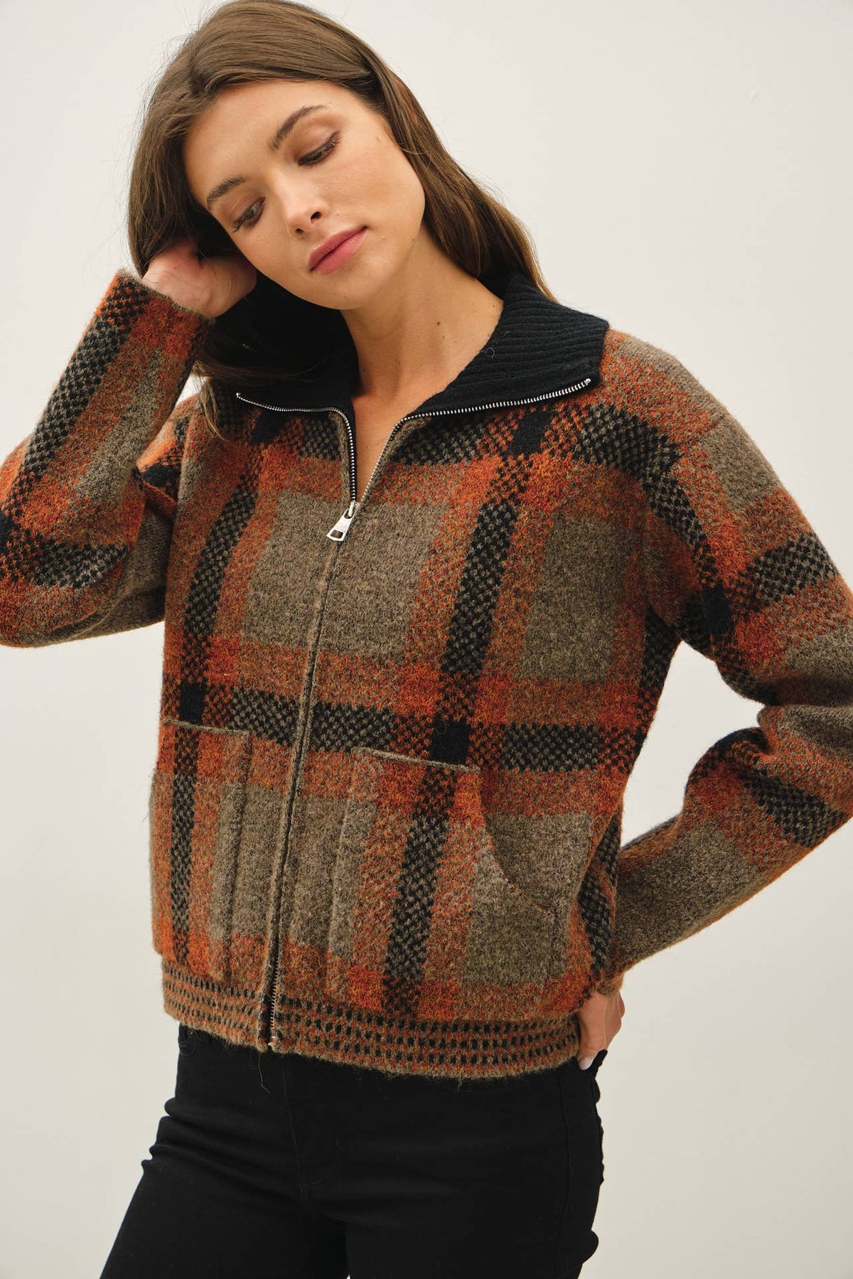 PLAID ZIP UP SWEATER JACKET