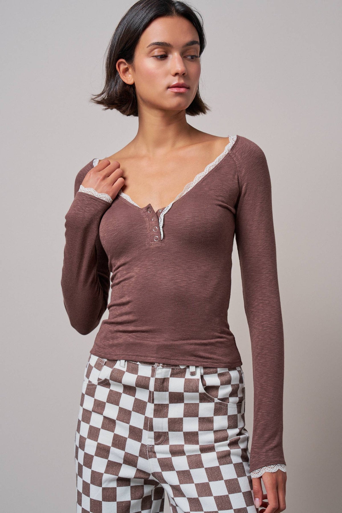 Lace Trim Slub Knit Henley Long Sleeve Top