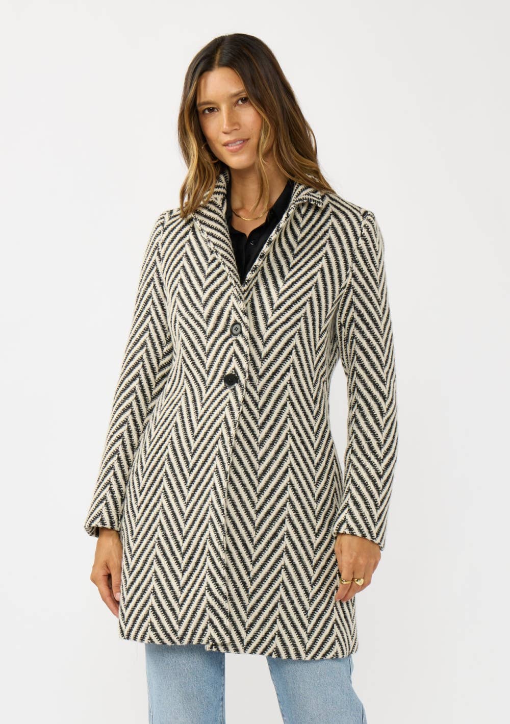Chevron Notched Lapel Long Sleeve Coat