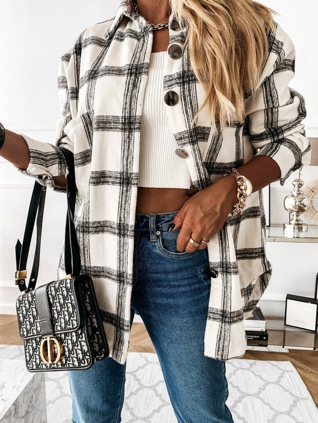 Plaid brushed shacket oversized button front