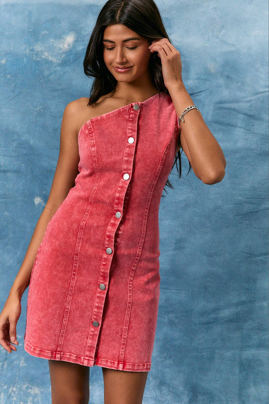 ONE SHOULDER BUTTON DOWN TWILL MINI DRESS