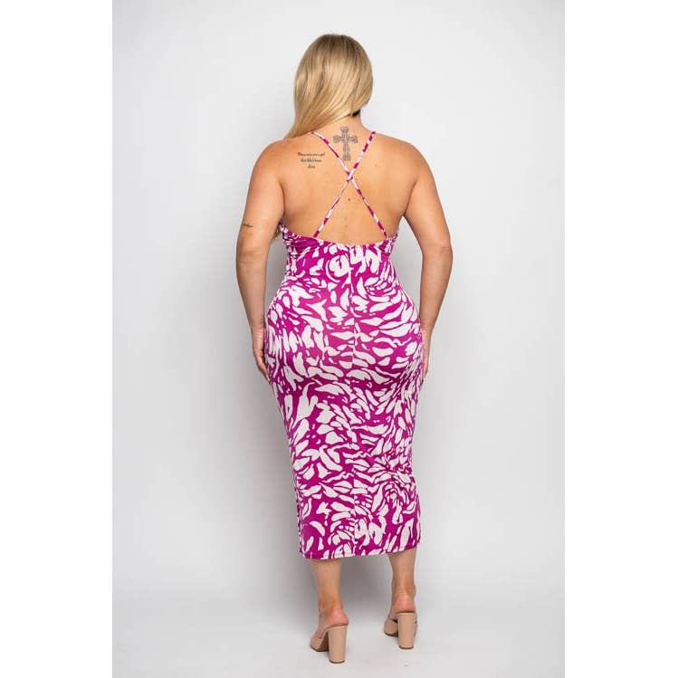 CURVY ABSTRACT PRINT CRISS CROSS BACK STRAP MIDI DRESS