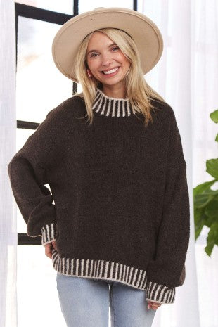 mock Neck Loose Fit Sweater Top Edge