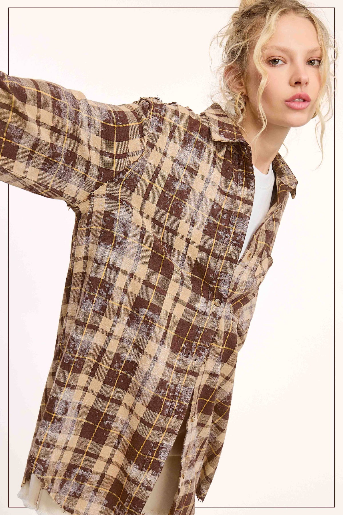 Plaid Acid Washed Cut Edge Button Down Shirt Fall