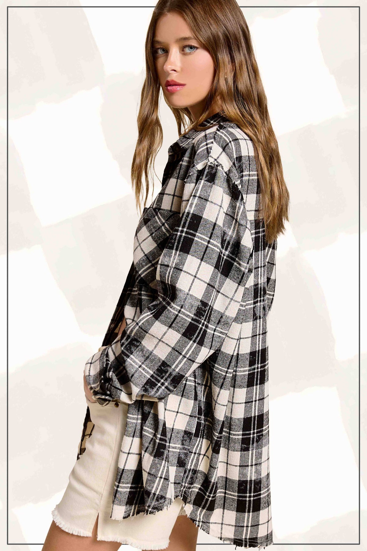 Plaid Acid Washed Cut Edge Button Down Shirt Fall