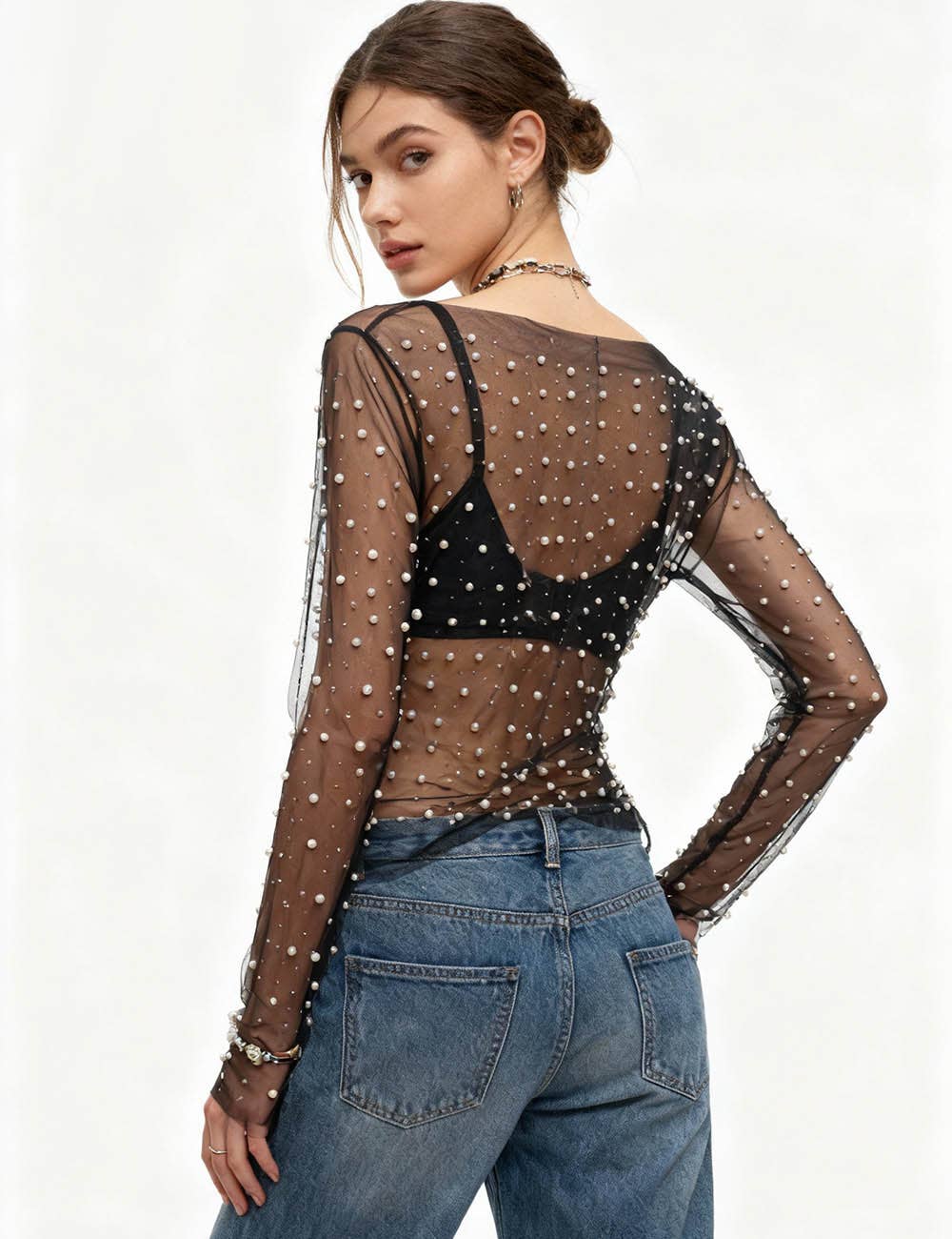 Pearl Rhinestone Studded See Through Mesh Crop Top SKT1976