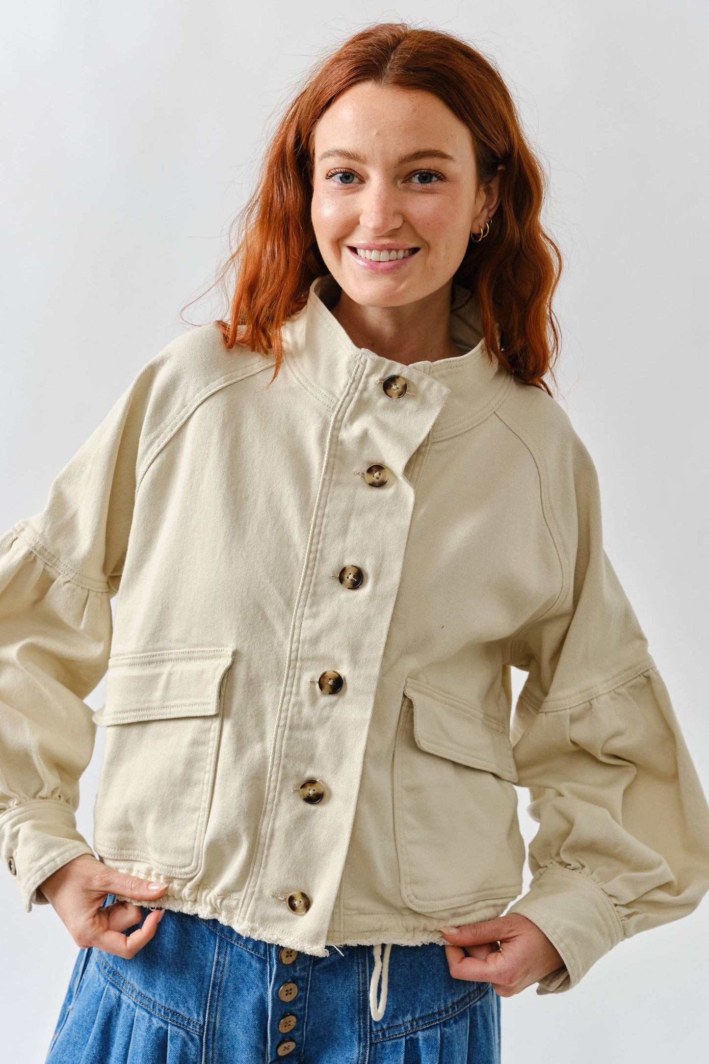 BALLON SLEEVE TWILL JACKET DRAWSTING WAIST
